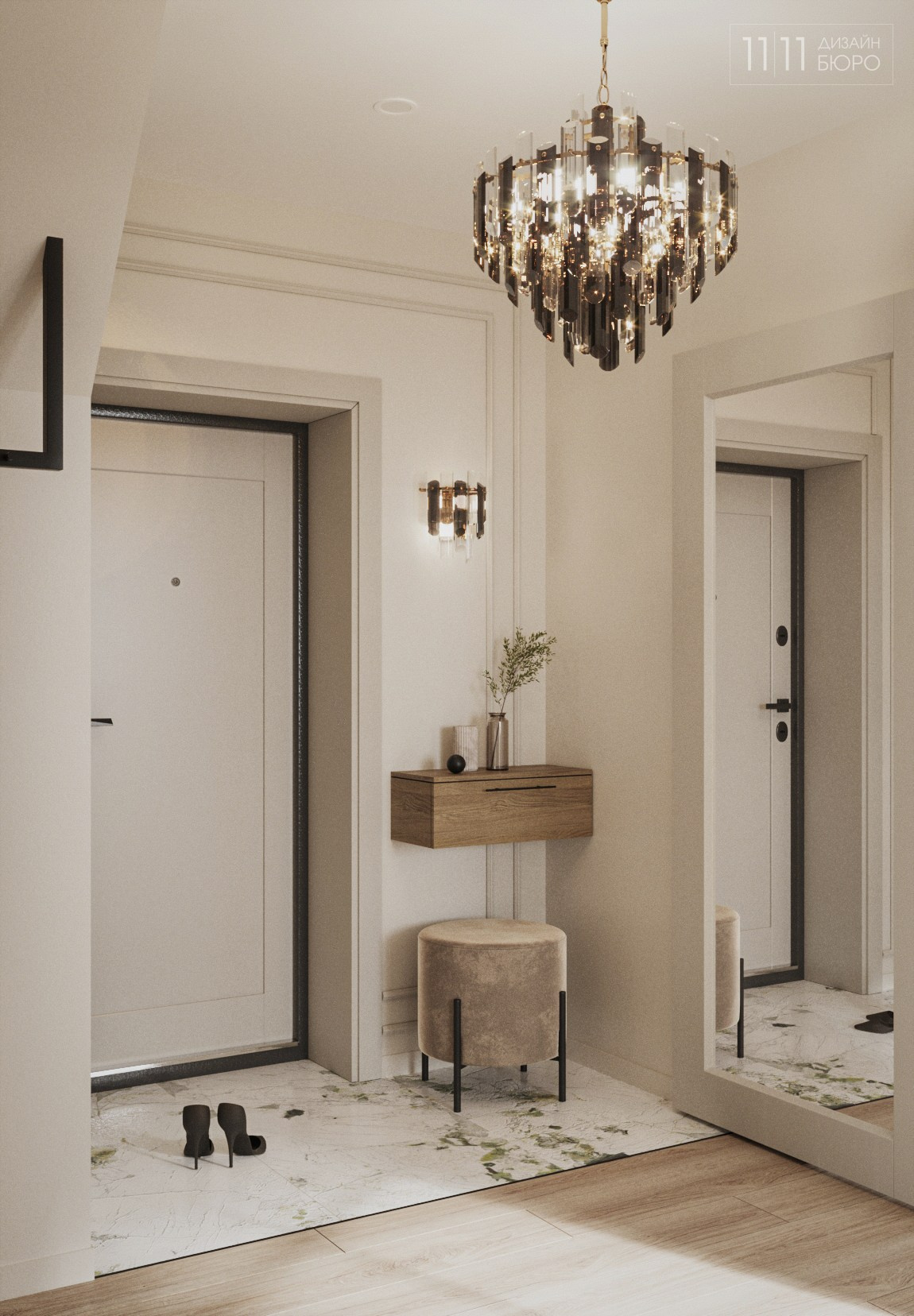 Прихожая в доме с большим зеркалом и классической люстрой
