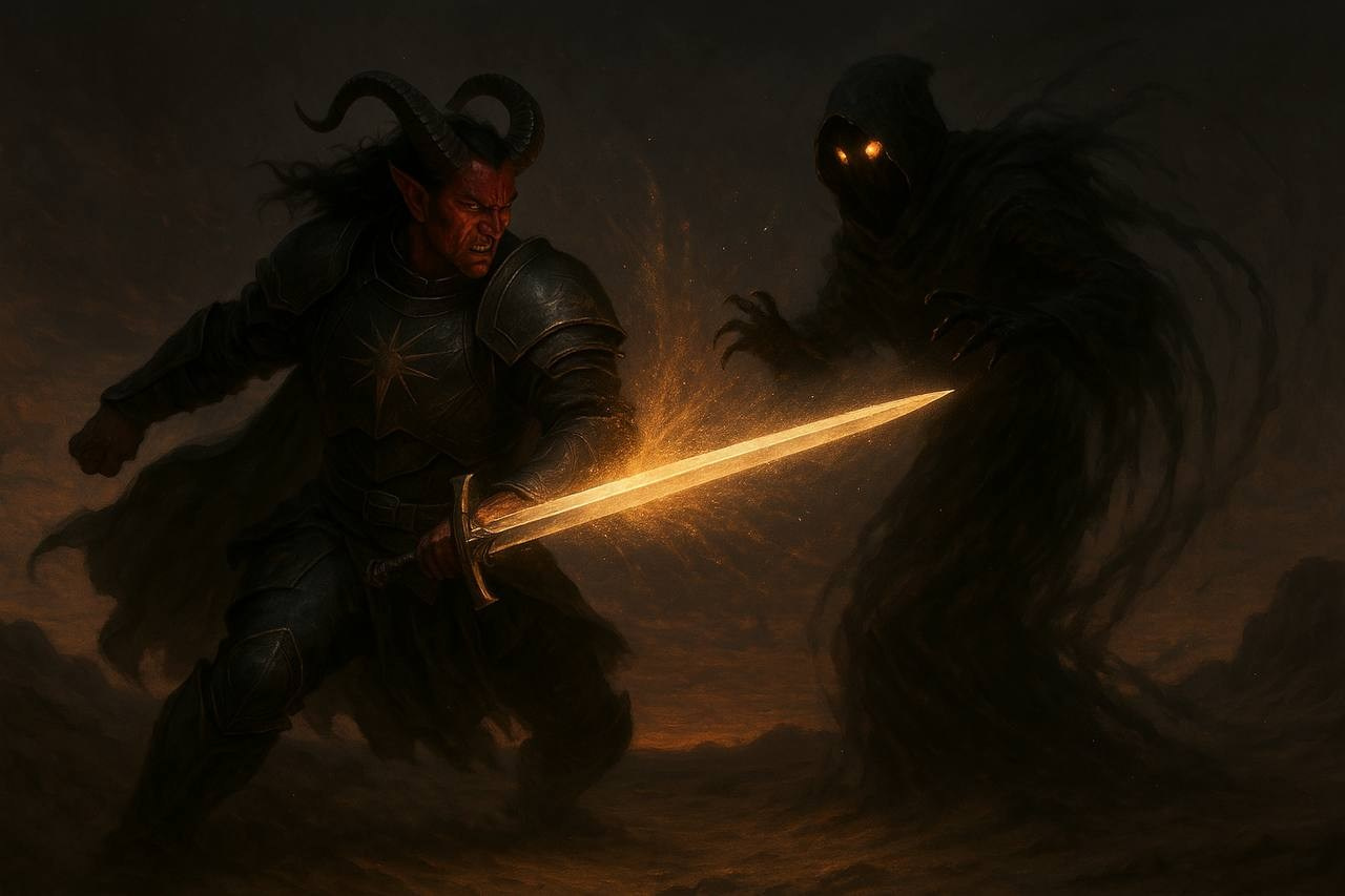 Бой воина с рогами против тёмного монстра в пустынной местности.