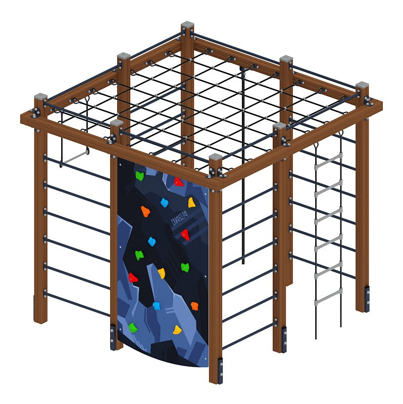 Спортивный комплекс Маугли - СК 2.02.03-01 Габариты (ШхДхВ): 2600х2600х2500 Зона безопасности, мм: 5600х5600 Возрастные ограничения 5-12 лет