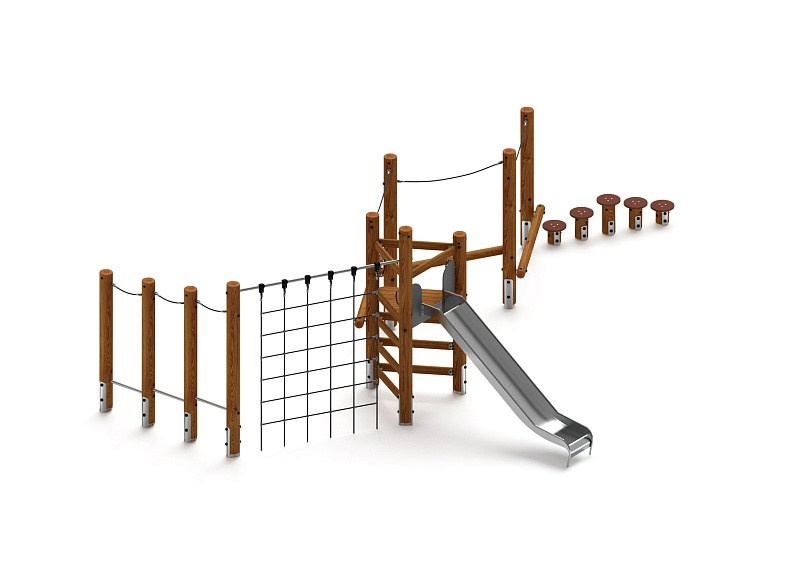 Игровой комплекс (лиственница темный) ДИК 2.24.07-Л.И1.01 Габариты (ШхДхВ): 9000х5900х2900 Зона безопасности, мм: 12000х9400 Высота падения 1500 мм. Возрастные ограничения от 5 до 12 лет.