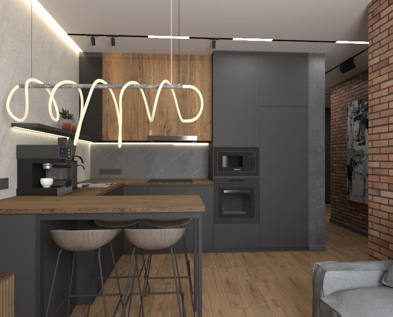 Дизайн интерьера гостиной, кухни, столовой в стиле лофт. Дизайн интерьера квартиры. Выезд на объект в Екатеринбург, Москву, Челябинск