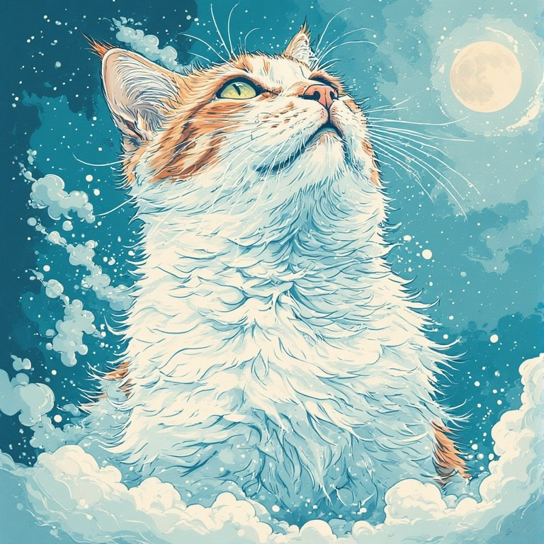 Moonlit illustration of a cat in the clouds – expressive artwork with a fluffy cat, a bright moon, and blue tones.