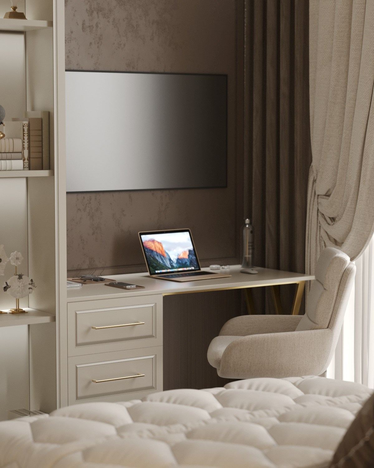 Рабочее места в спальне с бежевым письменным столом, настенным экраном  - фотореалистичный рендер