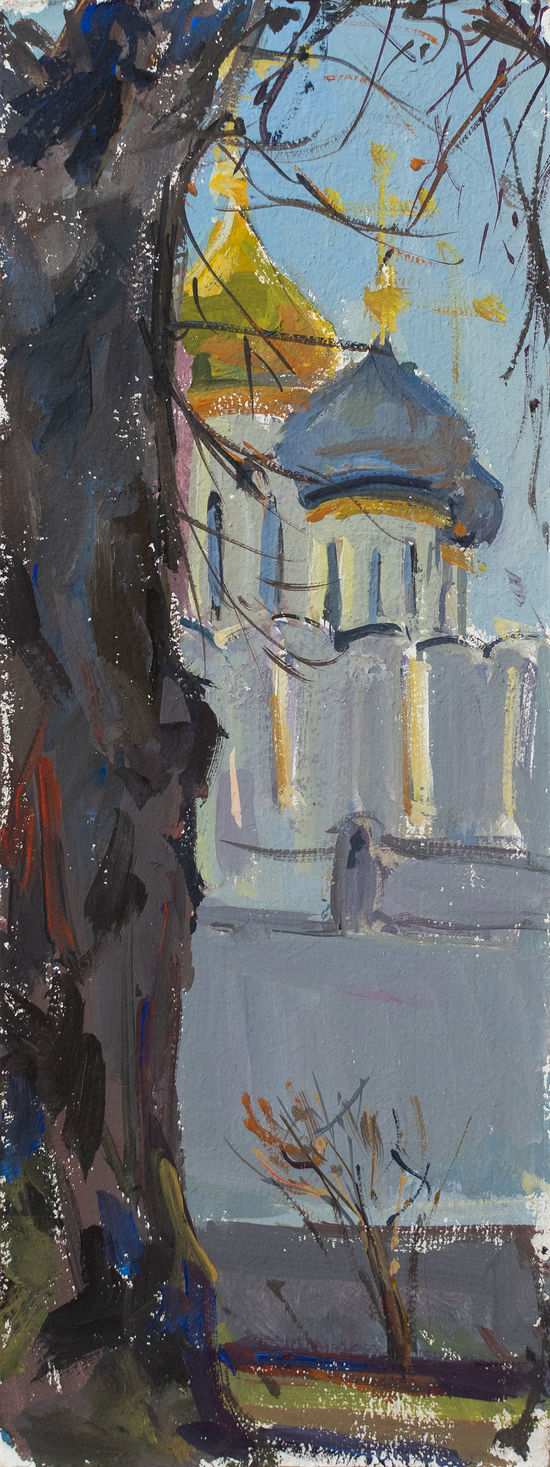 "A study. Domes of the Novodevichy Monastery" hardboard, tempera 30x11.5cm, 2026