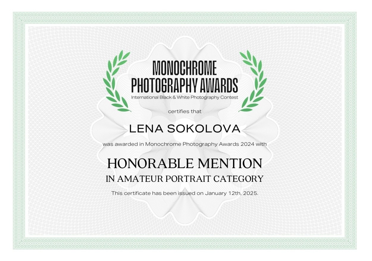 Три награды в MONOCHROME AWARDS 2024. Фотографии Лены Соколовой