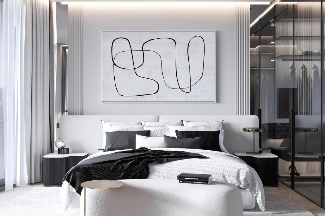 Современная спальня с мягким изголовьем и абстрактной картиной — дизайн Валерии Котович