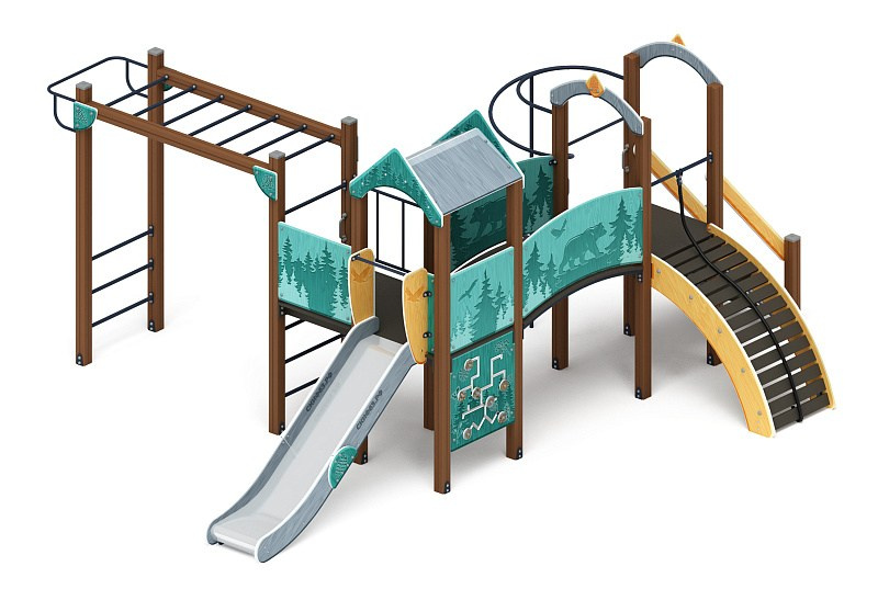 Рада (Тайга) - ДИК 2.01.2.08-03 - Игровой комплекс H=1200                                                                                                                  Габариты (ШхДхВ): 6580x5730x3000                                                                                                                                                                       Зона безопасности, мм: 10080х8730                                                                                                                                                                 Скат горки: H=1200 (металлический скат)