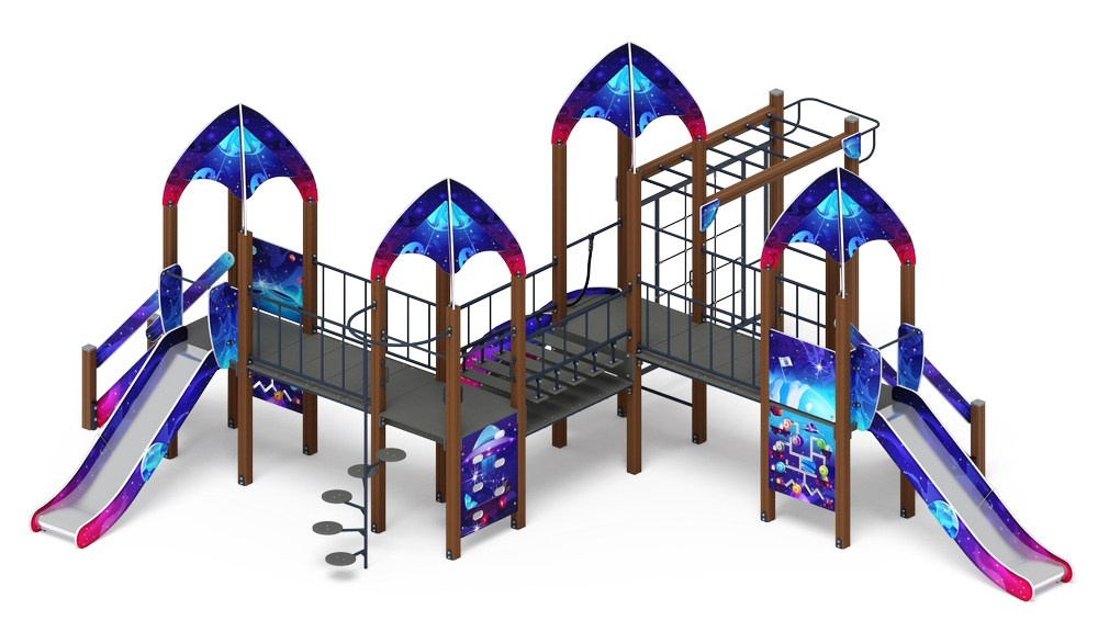 Космопорт (Космос) - ДИК 2.14.07-12 - Игровой комплекс H=1200                                                                                             Габариты (ШхДхВ): 9070x8100x4000                                                                                                                                                                       Зона безопасности, мм: 12570х11600                                                                                                                                                                     Скат горки: H=1200 (металлический скат)                                                                                                                                          Возрастные ограничения от 5 до 12 лет