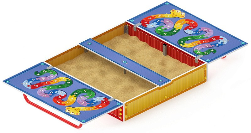 Песочница с крышкой средняя (Азбука) - ИО 5.01.11-01 Габариты (ШхДхВ): в закрытом виде 1200х1240х443 в открытом виде 2380х1200х220 Зона безопасности, мм: 3380х2200