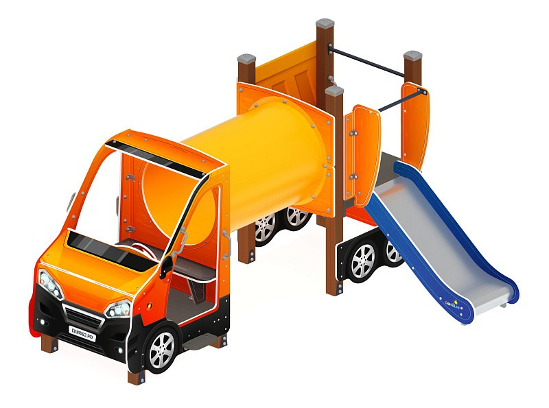 Машинка (оранжевый) тип 3 - ДИК 1.03.1.03-01 - Игровой комплекс H=750                                                                                       Габариты (ШхДхВ): 3350x2430x1700                                                                                                                                                                     Зона безопасности, мм: 6350х5930                                                                                                                                                                        Скат горки: H=750 (металлический скат)