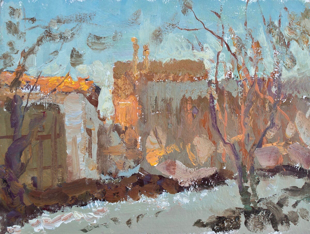 Сарайчики в закатном свете. Художник Александр Каверин