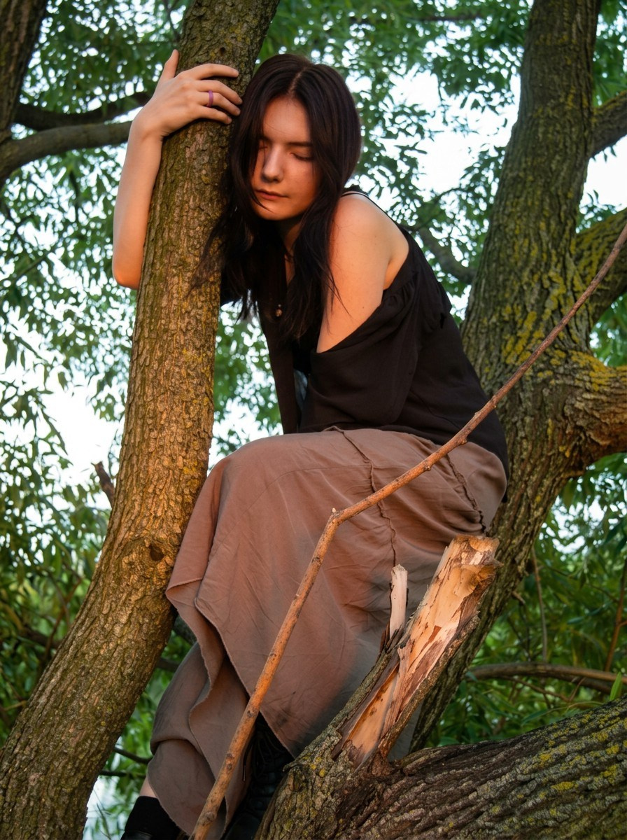 Фотосъёмка летнего времени года девушки на дереве