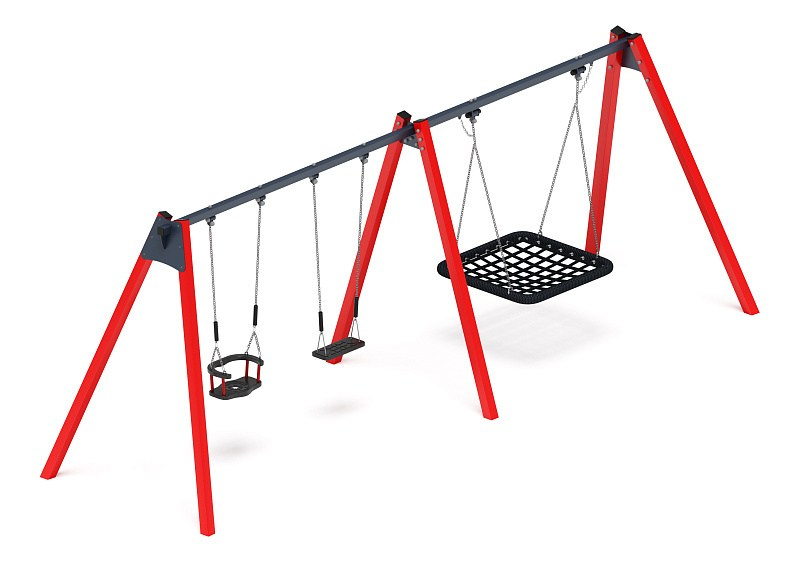 Качели М3 (красный) ИО 13.М.06.03.01.01-01.И1 Габариты (ШхДхВ): 5980х1630х2070 Зона безопасности, мм: 6000х7000 Возрастные ограничения от 3 лет, весом не более 70 кг