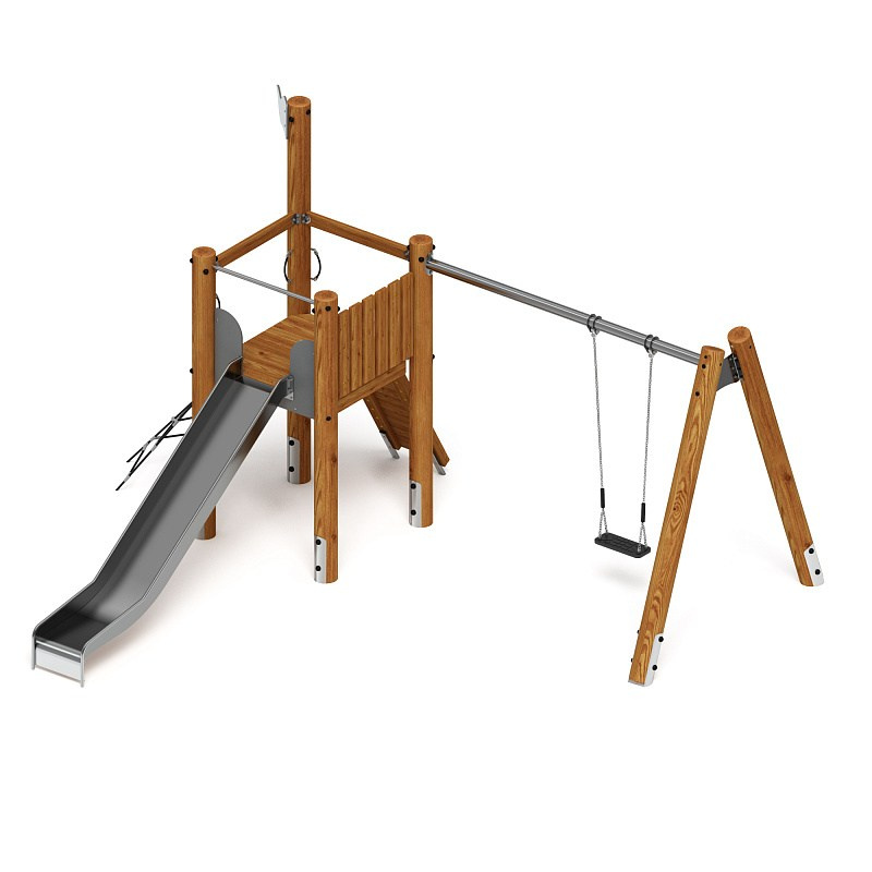 Игровой комплекс (лиственница темный) ДИК 2.24.03-Л.И1.01 Габариты (ШхДхВ): 4770х5300х3250 Зона безопасности, мм: 8900х6800 Высота падения 1400 мм. Возрастные ограничения от 5 до 12 лет.