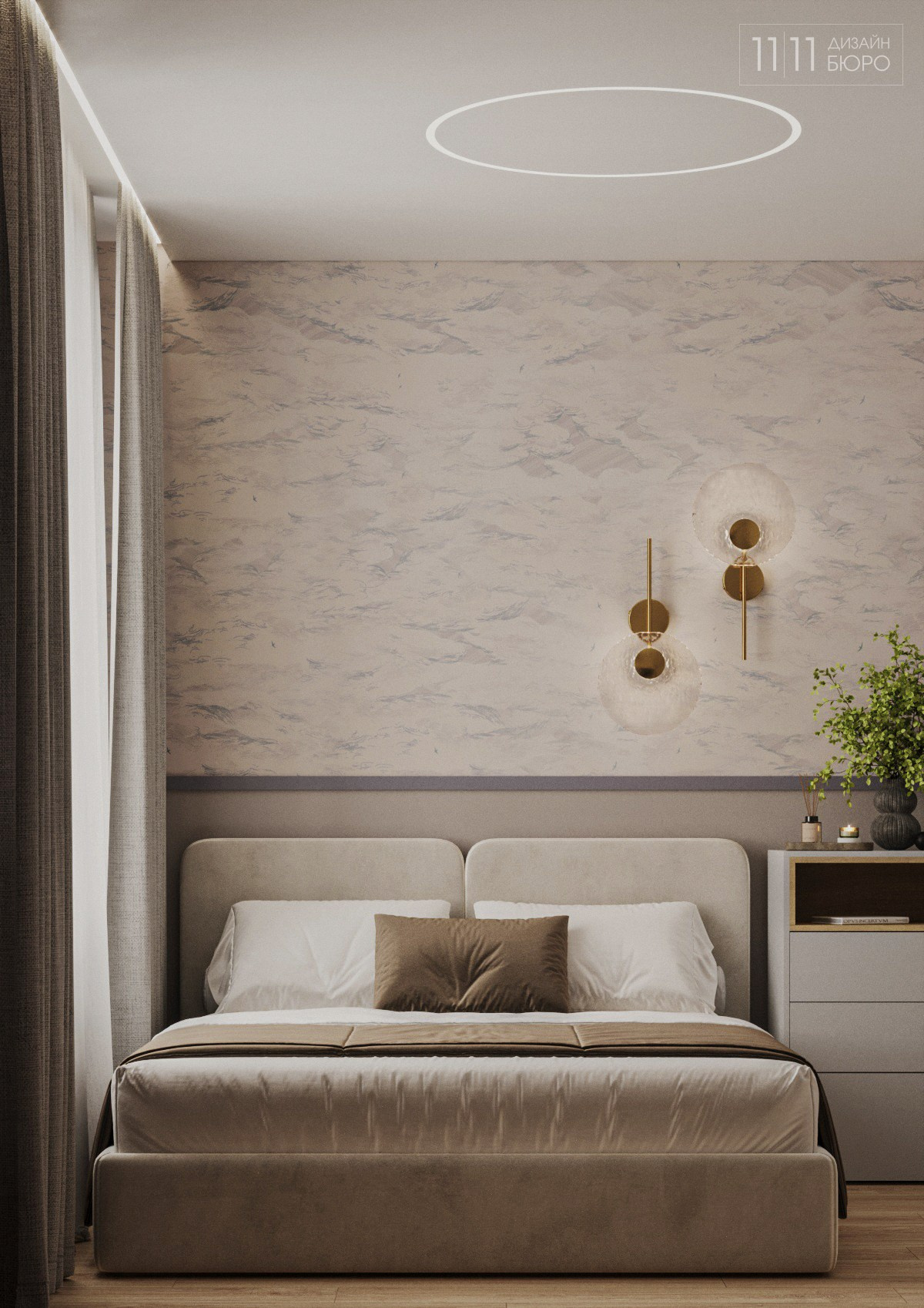 Интерьер маленькой спальни с обоями и мягкой кроватью