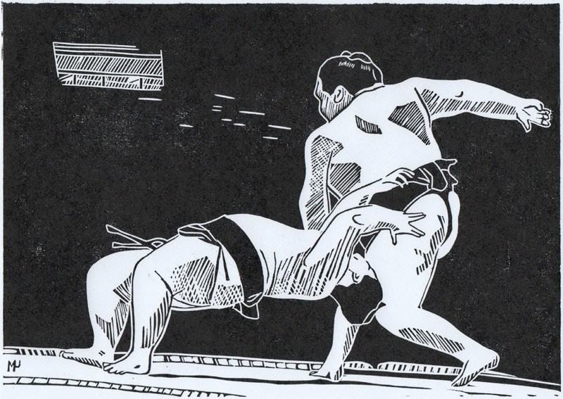 Серия линогравюр Grand Sumo Highlights  по мотивам турниров сумо. Авторская линогравюра, ручная печать на бумаге Ватман Гознак. 大相撲