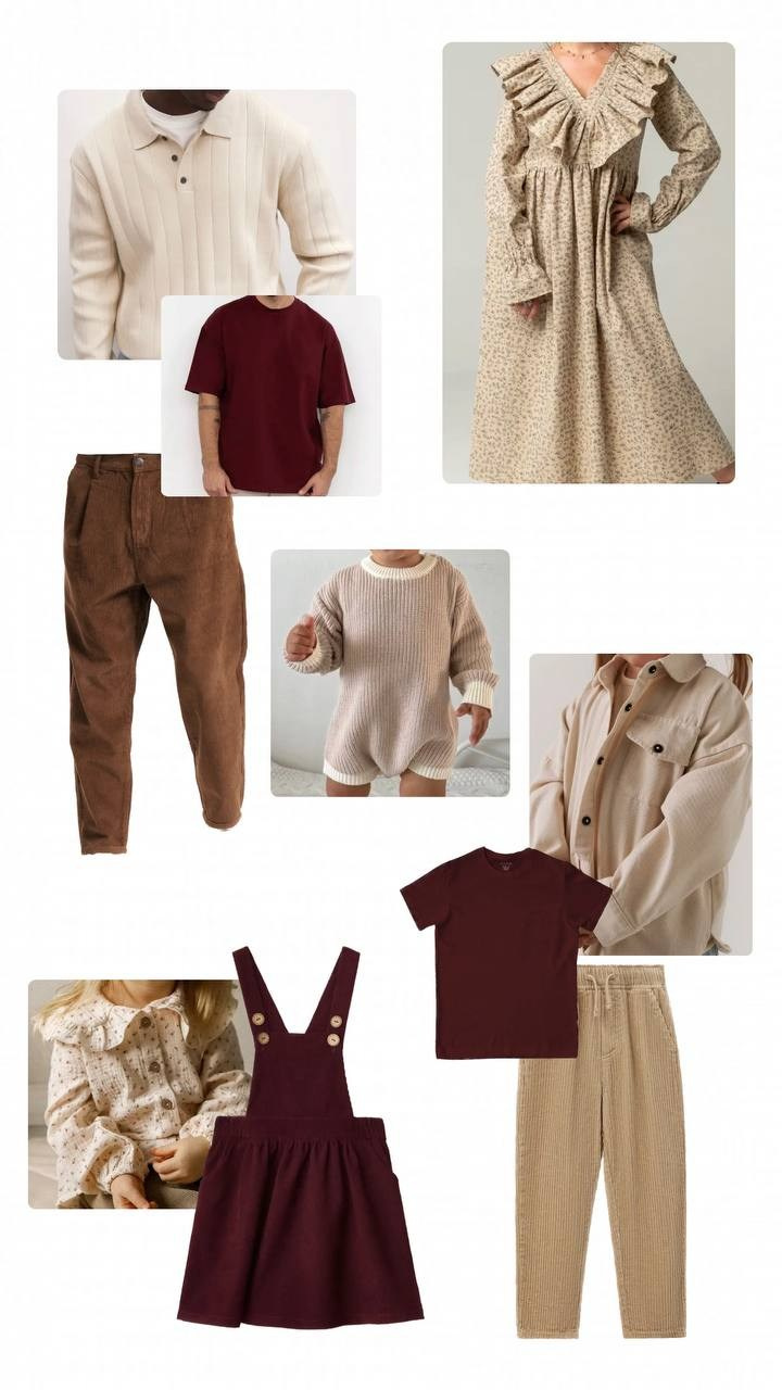 Образы подойдут для домашней, студийной, уличной фотосъемки Образы для папы: Джемпер www.wildberries.ru/catalog/270621902/detail.aspx? targetUrl=MS& size=418400690Брюки www.wildberries.ru/catalog/276109937/detail.aspx? targetUrl=MS& size=425402069Футболка www.wildberries.ru/catalog/165757829/detail.aspx? targetUrl=MS& size=275970884Образы для мамы: Платье www.wildberries.ru/catalog/237337298/detail.aspx? targetUrl=SI& size=373577193Для девочки: Блузка www.wildberries.ru/catalog/130955151/detail.aspx? targetUrl=GP& size=226180001Сарафан www.wildberries.ru/catalog/71671985/detail.aspx? targetUrl=MS& size=121847969Для мальчика: Рубашка www.wildberries.ru/catalog/164884172/detail.aspx? targetUrl=MS& size=274631014Футболка www.wildberries.ru/catalog/16387245/detail.aspx? targetUrl=MSШтаны www.wildberries.ru/catalog/171952203/detail.aspx? targetUrl=GP& size=285370957Для малыша: Боди www.wildberries.ru/catalog/258376689/detail.aspx? targetUrl=MS& size=402033256