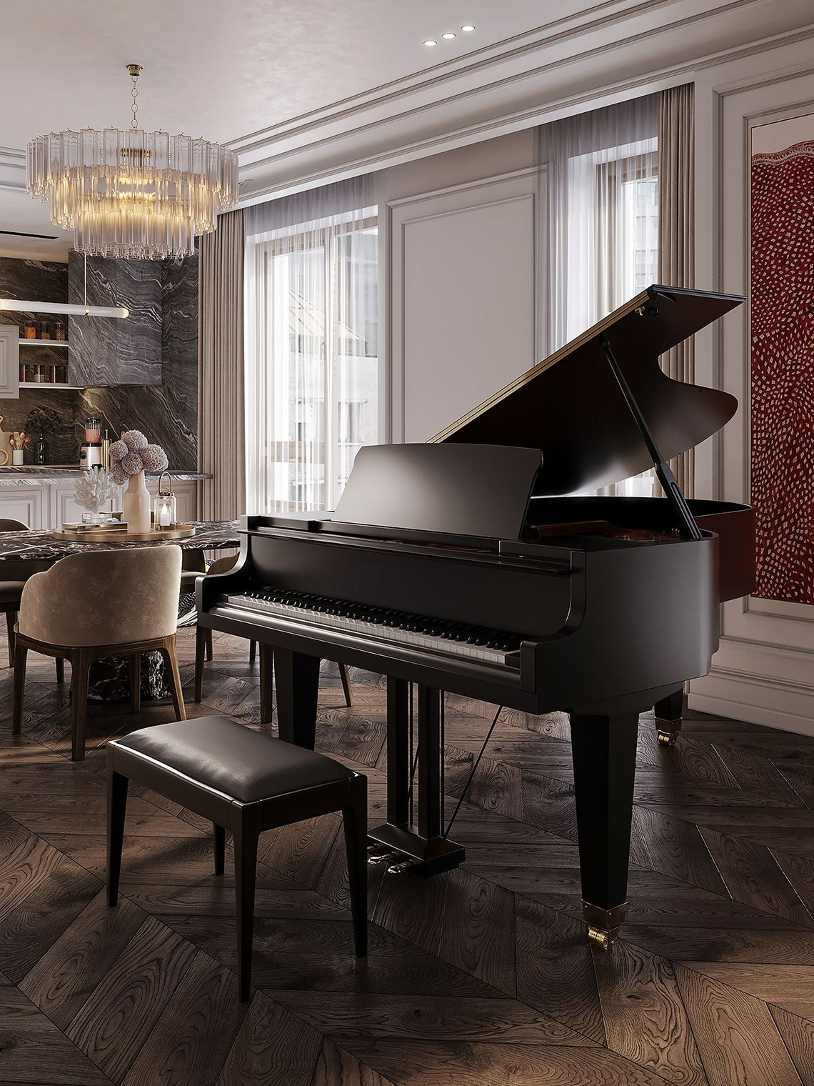 Дизайн Turandot ResidencesСовременная классика для квартир от 100 м². Учитываем архитектуру дома: атриум с японским садом, высокие потолки 3,3 м. Выезд на замер — бесплатно.
