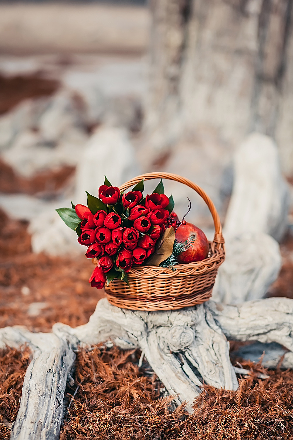 Свадебный букет из красных тюльпанов  в плетеной корзине с гранатами