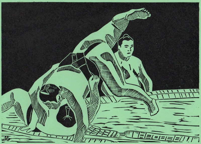 Серия линогравюр Grand Sumo Highlights  по мотивам турниров сумо. Авторская линогравюра, ручная печать на цветной бумаге.  大相撲