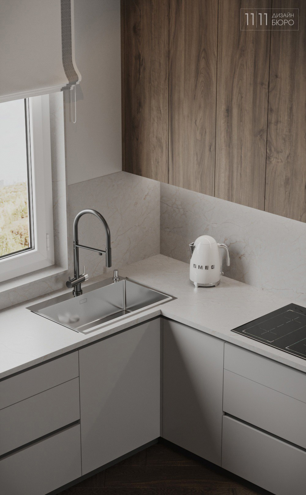 Мойка у окна, серая кухня с темными фасадами под дерево