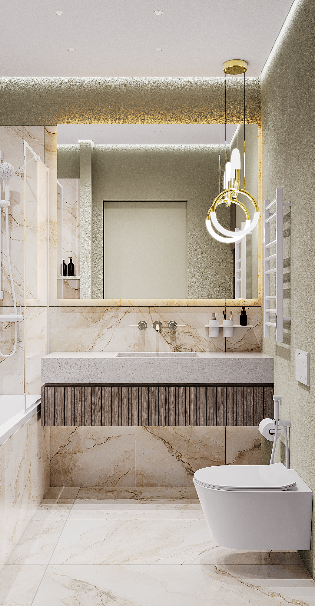 Ванная комната с большим зеркалом и подвесной тумбой под раковину