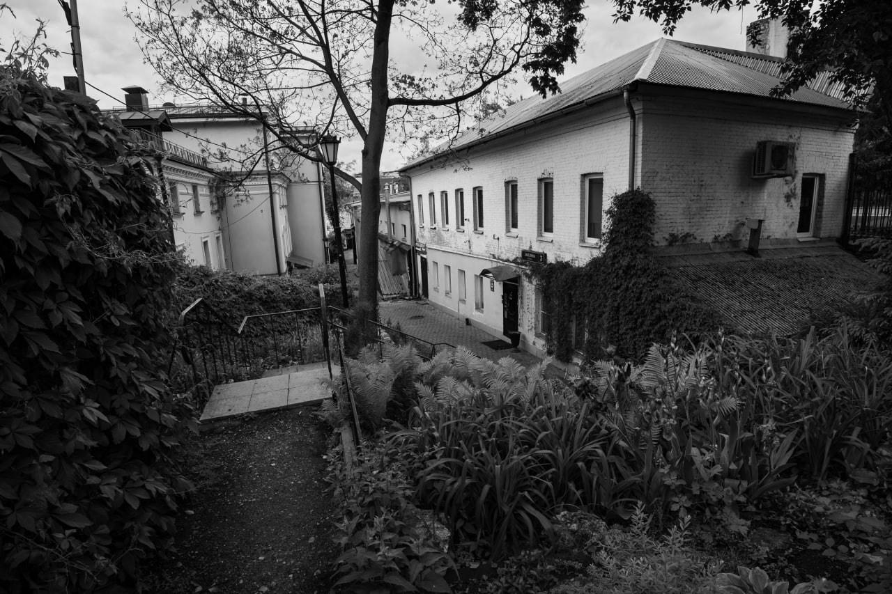 Черно-белая городская фотография: вид сквозь густую зелень и деревья на старые городские постройки во дворе, слева темное кирпичное здание в тени, справа светлый оштукатуренный дом с окнами и кондиционерами, атмосфера уединенного уголка Москвы, Вадим Топорёнок, проект Манифест теней, городская археология, контраст природы и архитектуры, уличная фотография.