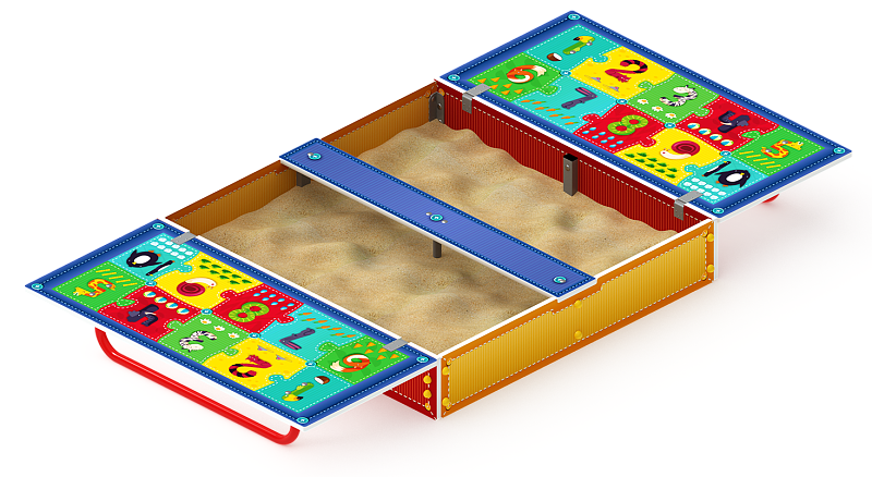 Песочница с крышкой средняя (Арифметика) - ИО 5.01.11-03 Габариты (ШхДхВ): в закрытом виде 1200х1240х443 в открытом виде 2380х1200х220 Зона безопасности, мм: 3380х2200