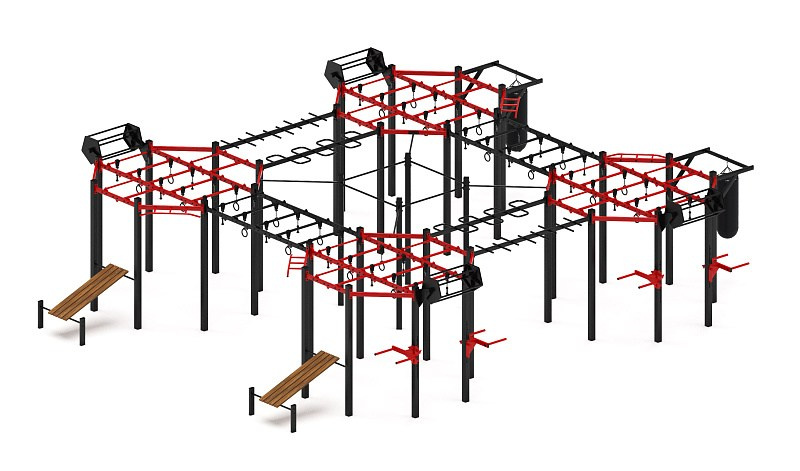 Многофункциональный спортивный комплекс (красный) МК 100.02-01 Габариты (ШхДхВ): 9850х11150х2740 Зона безопасности, мм: 12850х14150 Возрастные ограничения от 14 лет
