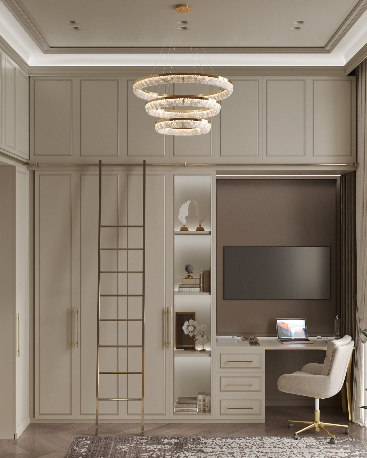 Стена со встроенными шкафами, библиотечной лестницей и рабочей зоной с письменным столом