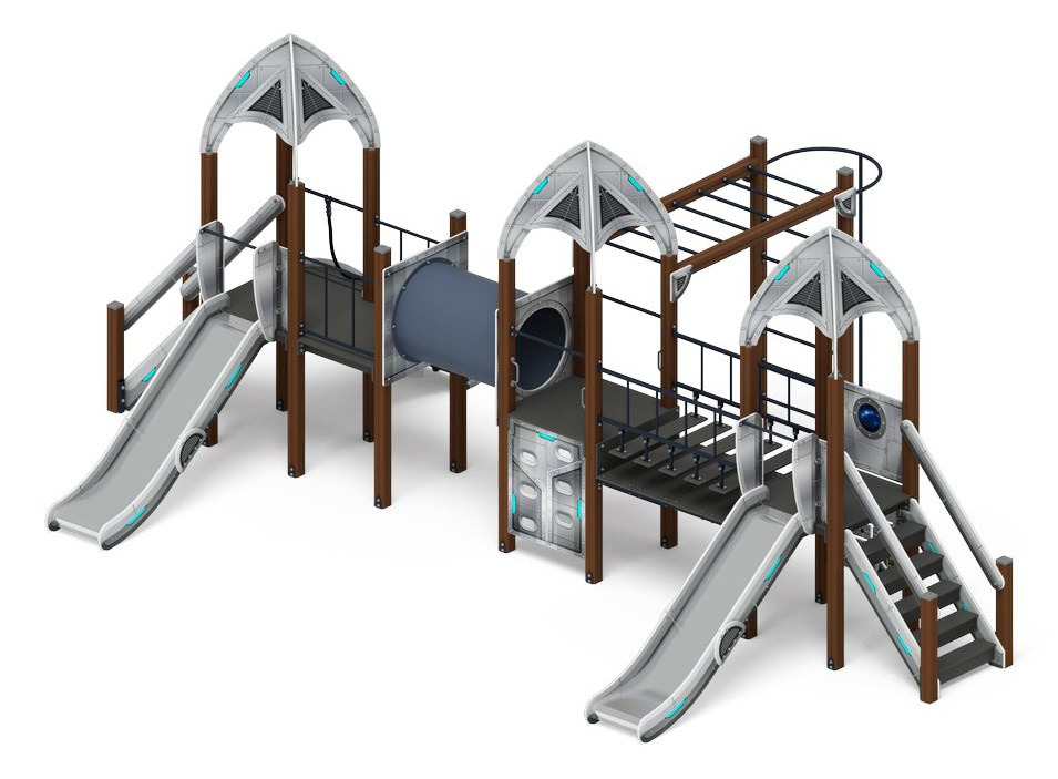 Космопорт (Серый) - ДИК 2.14.05-01 - Игровой комплекс H=1200                                                                                             Габариты (ШхДхВ): 8440x5860x3500                                                                                                                                                                       Зона безопасности, мм: 11440х9360                                                                                                                                                                     Скат горки: H=1200 (металлический скат)                                                                                                                                          Возрастные ограничения от 5 до 12 лет