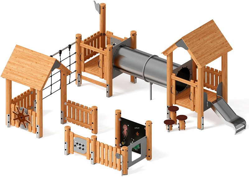 Игровой комплекс (лиственница) ДИК 1.24.02-Л.И1 Габариты (ШхДхВ): 5600х6200х2900 Зона безопасности, мм: 8600х9200 Высота падения 900 мм. Возрастные ограничения от 3 до 7 лет