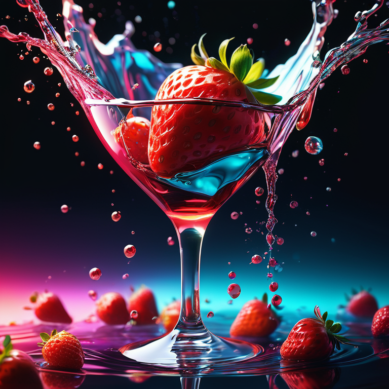Клубника падает в бокал с напитком