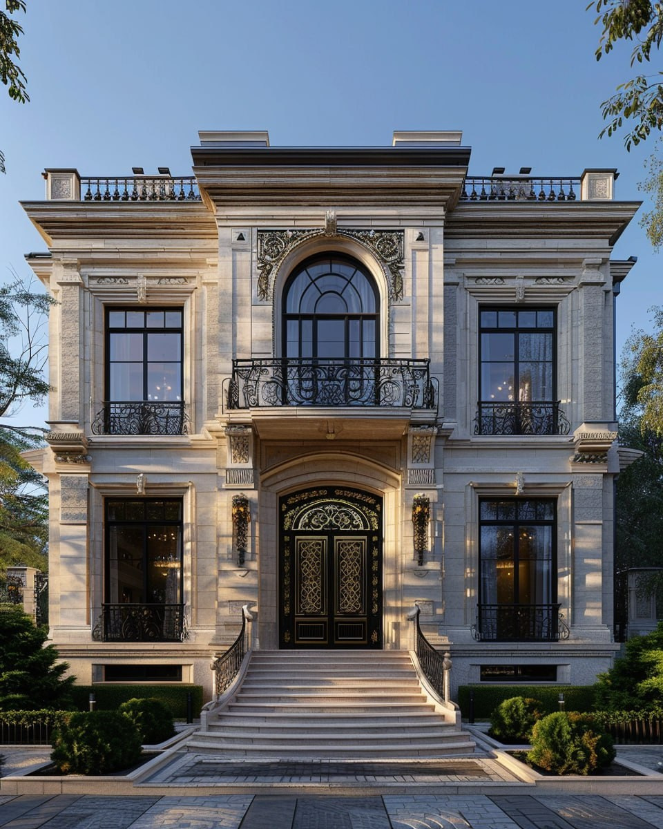 Классический двухэтажный особняк с большим балконом и широкой лестницей