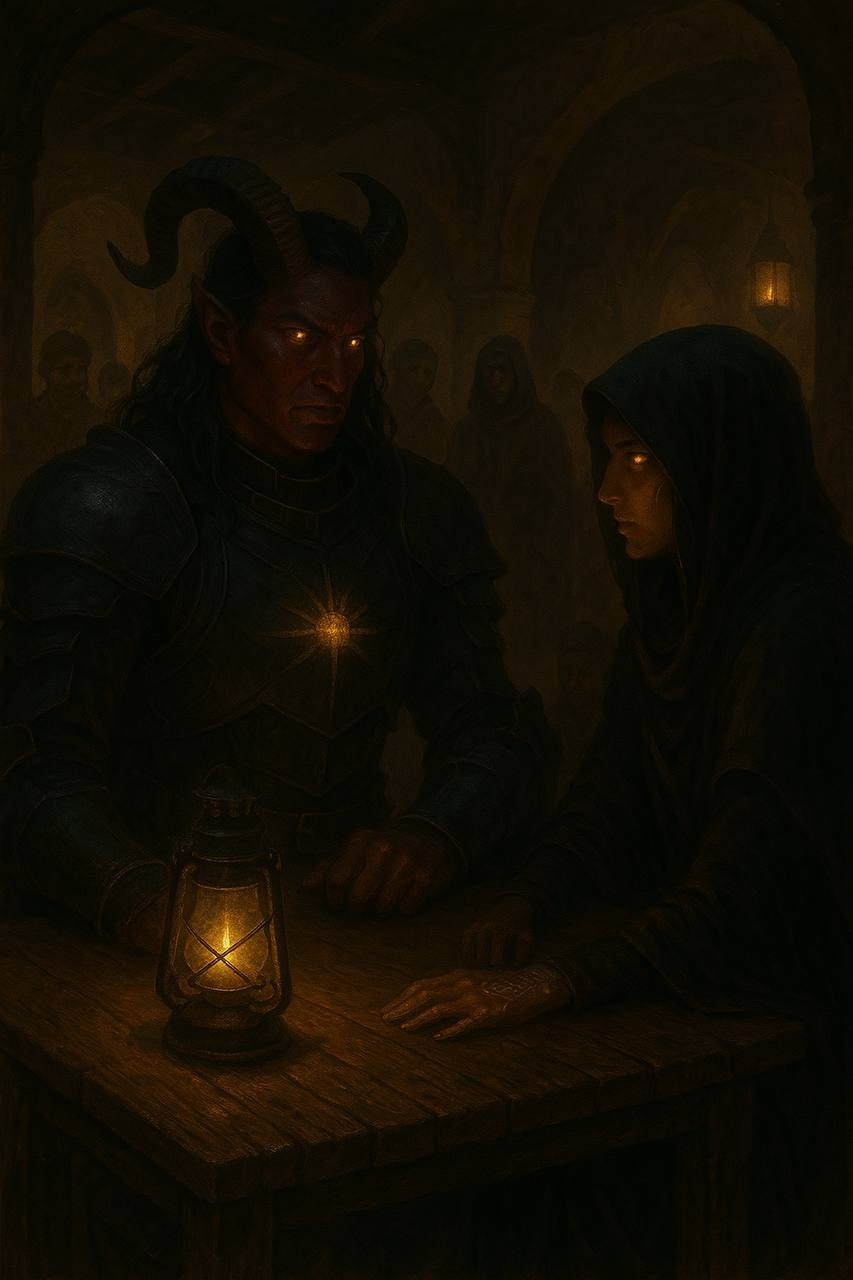 Тёмный воин с рогами и магиня за столом при свете лампы в тёмной таверне.