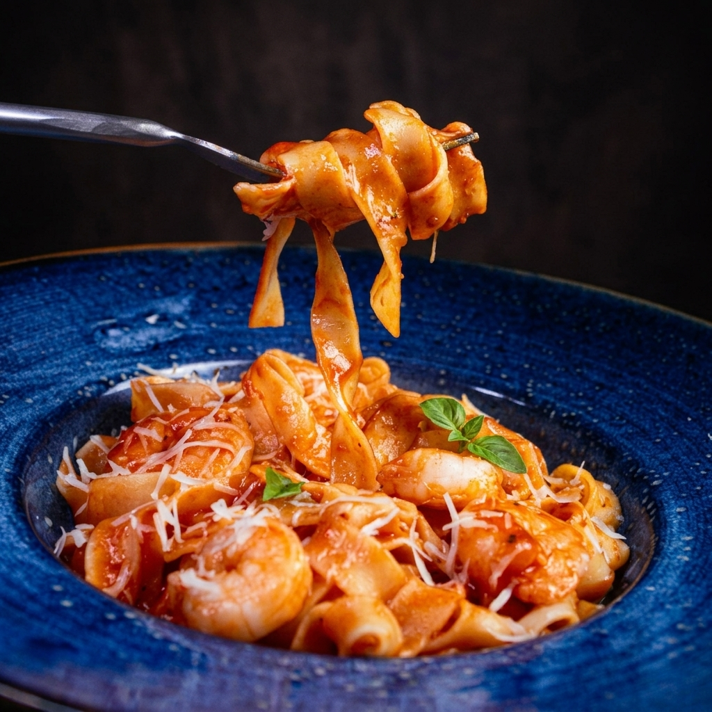 блюдо паста с креветками