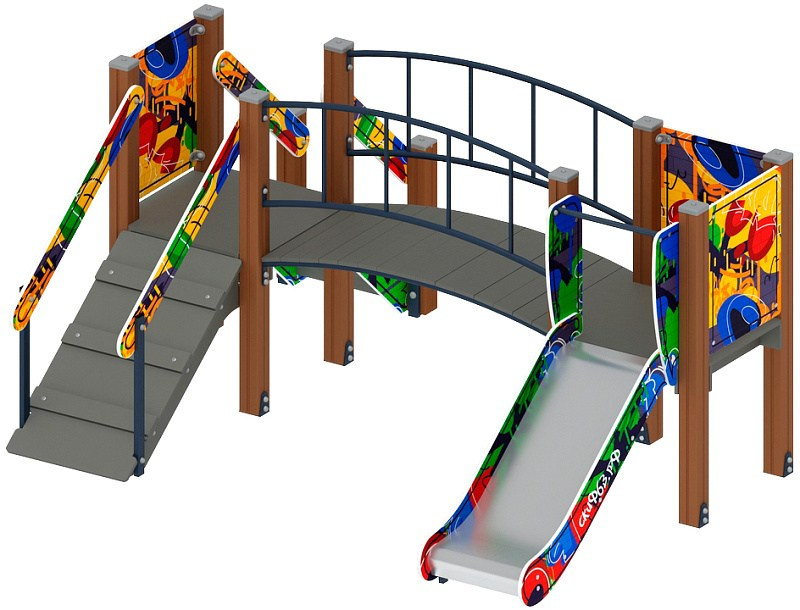 Карапуз (Граффити) - ДИК 1.001.06-03 - Игровой комплекс Н=750                                                                                                         Габариты (ШхДхВ): 2670x3060x1600                                                                                                                                                                     Зона безопасности, мм: 6060х6170                                                                                                                                                                          Скат горки: H=750 (металлический скат)