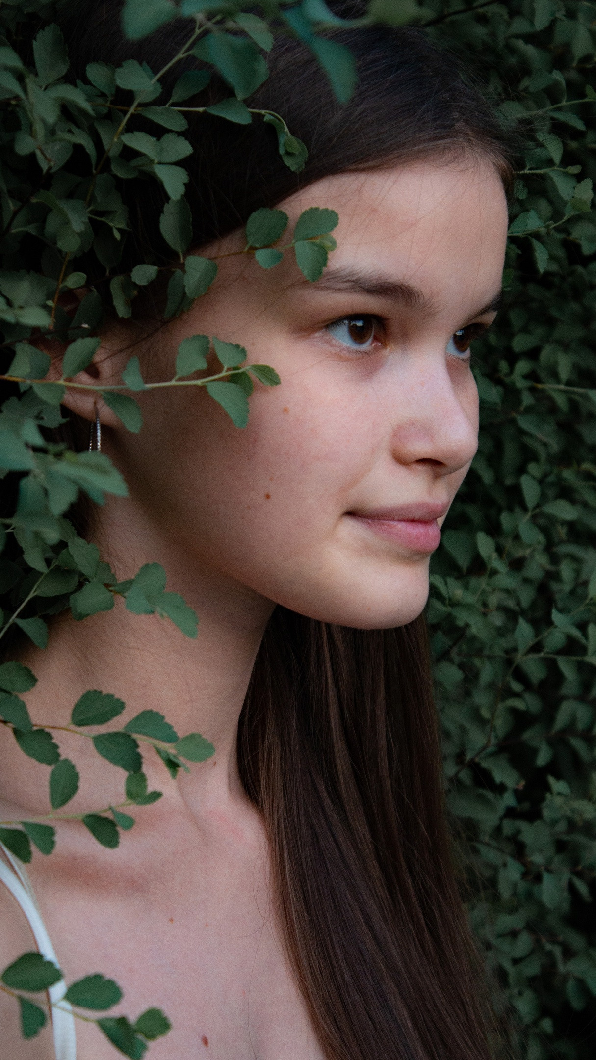 Девушка в ветках дерева. Лицо крупным планом. Прогулочная съёмка.