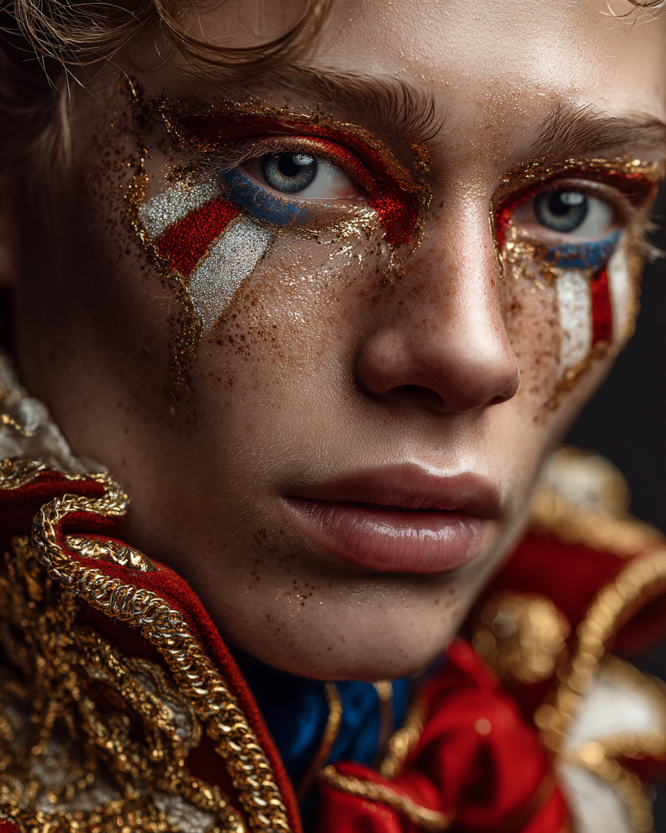 AI fashion портрет в цирковой эстетике, драматичный свет и золотой грим