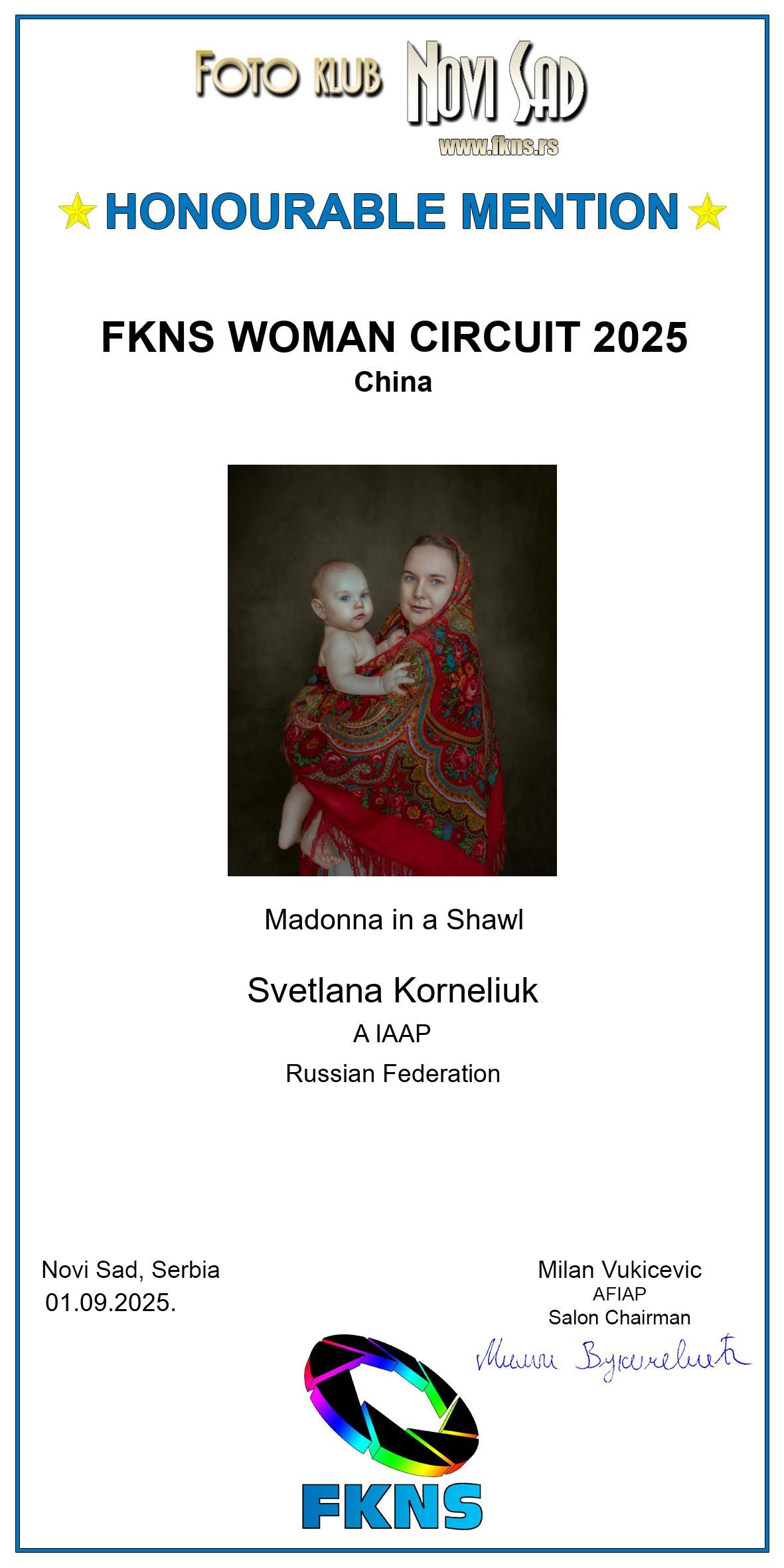 Диплом Honorable Mention -Почетное упоминание в международном конкурсе FKNS WOMAN CIRCUIT 2025