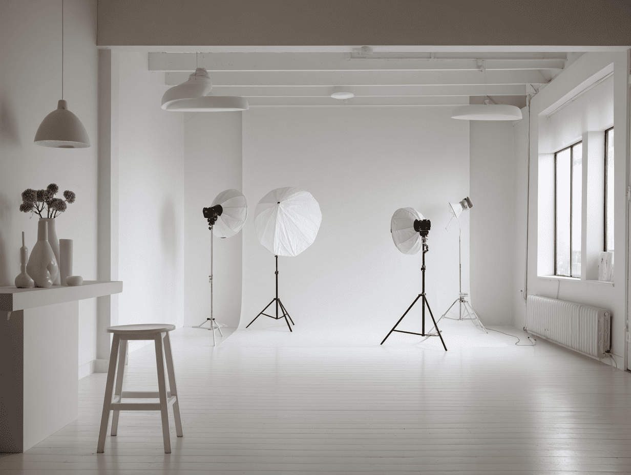 Светлая фотостудия с белыми стенами и импульсным светом для семейной фотосессии, фотограф Карасёва Елена