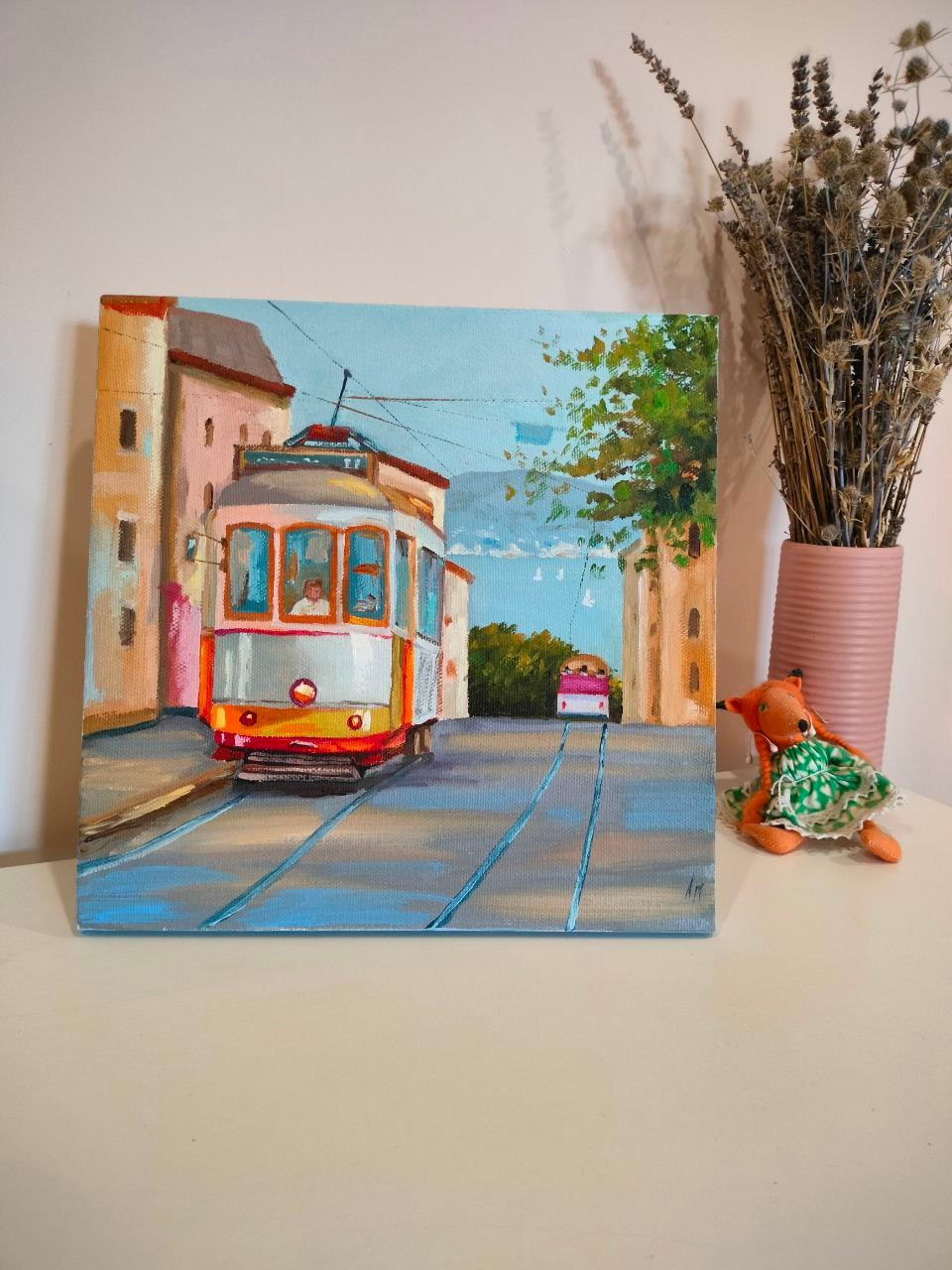 Мини-картина маслом ручной работы. Трамвай