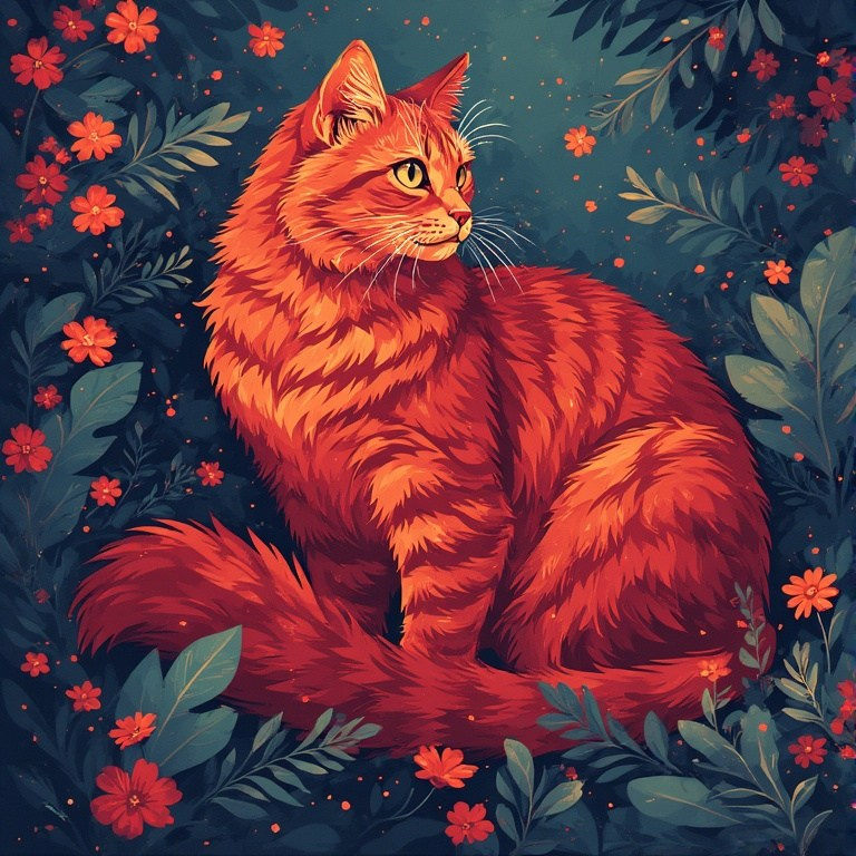 Art portrait of a ginger cat among red flowers – dark green background highlighting the brightness of the fur.