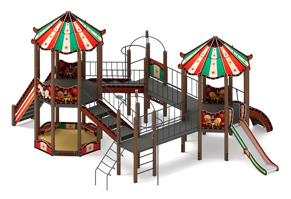 Карнавал (Шапито) - ДИК 2.22.06-01 - Игровой комплекс H=1200                                                                                                        Габариты (ШхДхВ): 7800x9390x5100                                                                                                                                                                       Зона безопасности, мм: 10890х12890                                                                                                                                                                      Скат горки: H=1200 (металлический скат)                                                                                                                                                    Возрастные ограничения от 5 до 12 лет