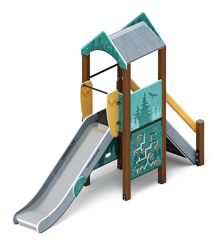 Играйте с нами (Тайга) - ДИК 2.01.1.01-13 - Игровой комплекс H=1200                                                                                             Габариты (ШхДхВ): 4080x1000x3000                                                                                                                                                                     Зона безопасности, мм: 7580х4000                                                                                                                                                                        Скат горки: H=1200 (металлический скат)                                                                                                                                           Возрастные ограничения от 5 до 12 лет