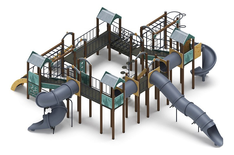 Остров детства (Тайга) - ДИК 2.01.8.02-33.И1 - Игровой комплекс H=2000                                                                                             Габариты (ШхДхВ): 12900x12370x4000                                                                                                                                                                   Зона безопасности, мм: 16400х15370                                                                                                                                                                     Скат горки: H=2000 (винтовой скат) / H=2000 (тоннельный винтовой скат) / H=2000 (тоннельный прямой скат)