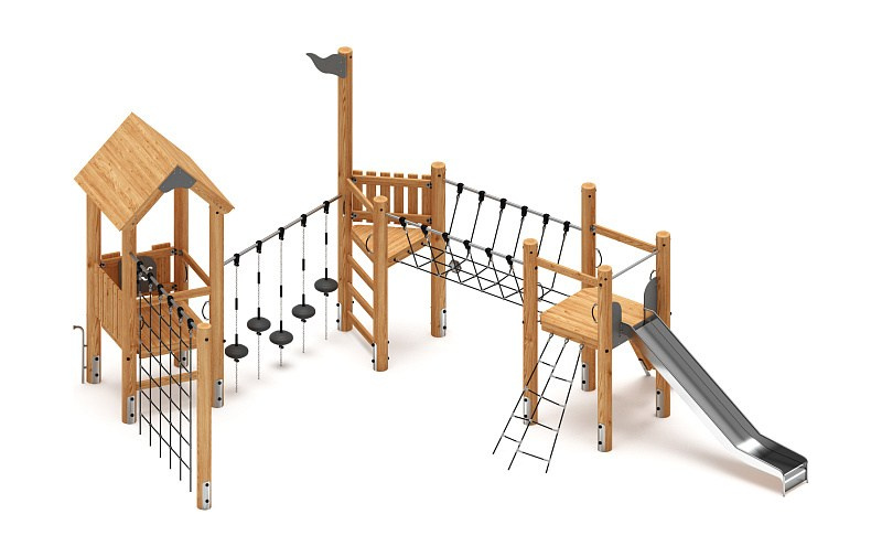 Игровой комплекс (лиственница) ДИК 2.24.02-Л.И1 Габариты (ШхДхВ): 6200х8830х3900 Зона безопасности, мм: 9200х12330 Высота падения 1400 мм. Возрастные ограничения от 5 до 12 лет.