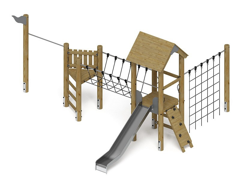 Игровой комплекс (лиственница орех) ДИК 2.24.05-Л.И1.02 Габариты (ШхДхВ): 6200х7500х3900 Зона безопасности, мм: 9700х10500 Высота падения 1500 мм. Возрастные ограничения от 5 до 12 лет.