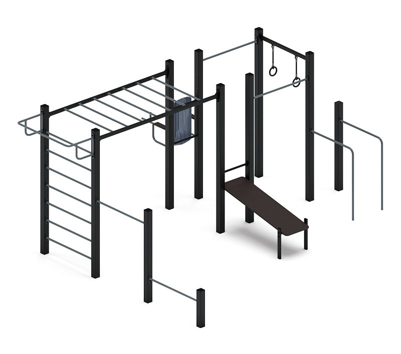 Многофункциональный спортивный комплекс (серый) МК 100.04-03 Габариты (ШхДхВ): 5600х4250х2500 Зона безопасности, мм: 8600х7250 Возрастные ограничения от 14 лет