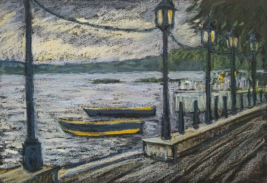 Пейзаж масляной пастелью, рисунок - Лодки на озере после дождя